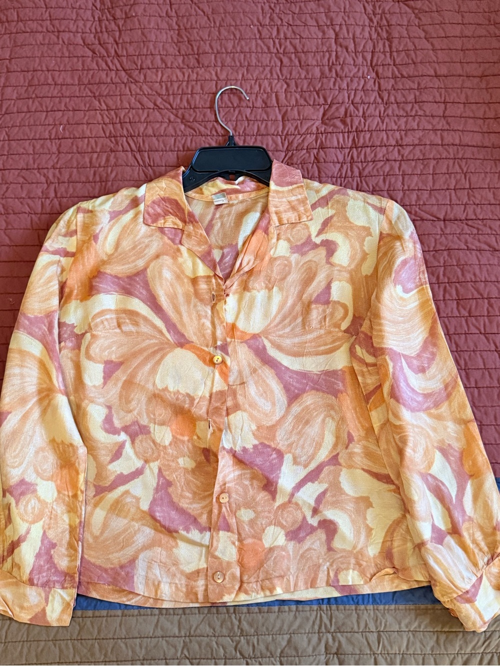 Painted Floral Button-Up Blouse in Peach and Cream
